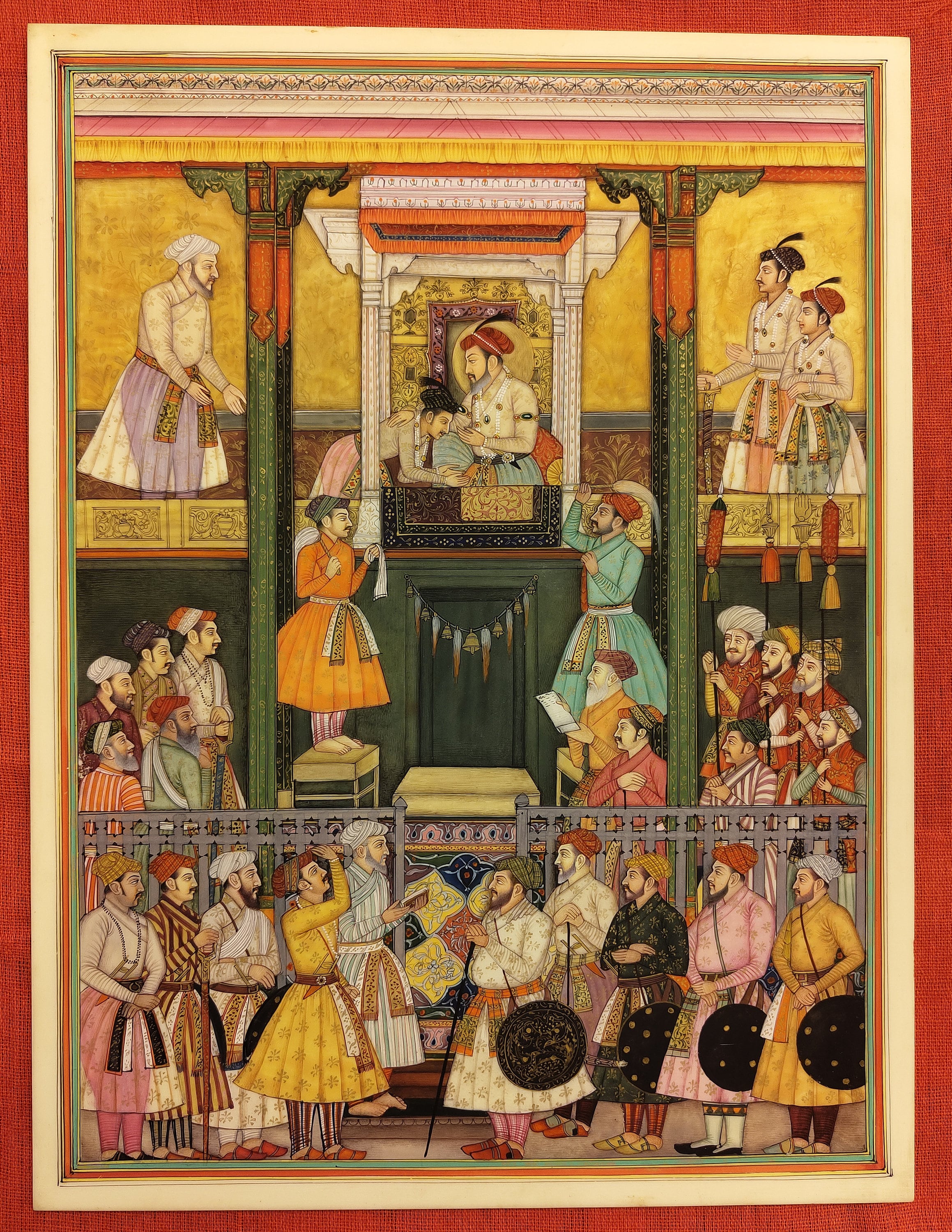 インド宮廷絵画 INDIAN COURT MINIATURE PAINTING Indian Miniature Painting: Gilded Mogul Court Scene, Rajasthan Art
