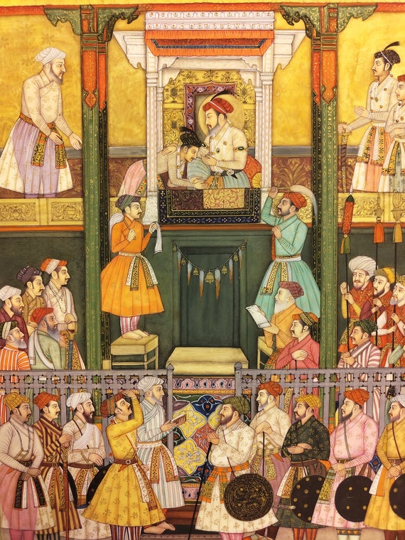 インド宮廷絵画 INDIAN COURT MINIATURE PAINTING Indian Miniature Painting: Gilded Mogul Court Scene, Rajasthan Art