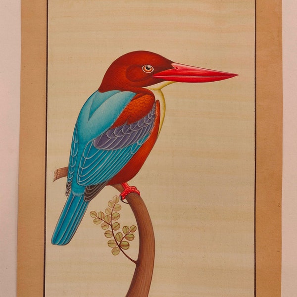 Hand Painted KingFisher Bird Birds Miniature Painting India Artwork Paper Nature Nature Lover Gifts Home Decoration Design Interior