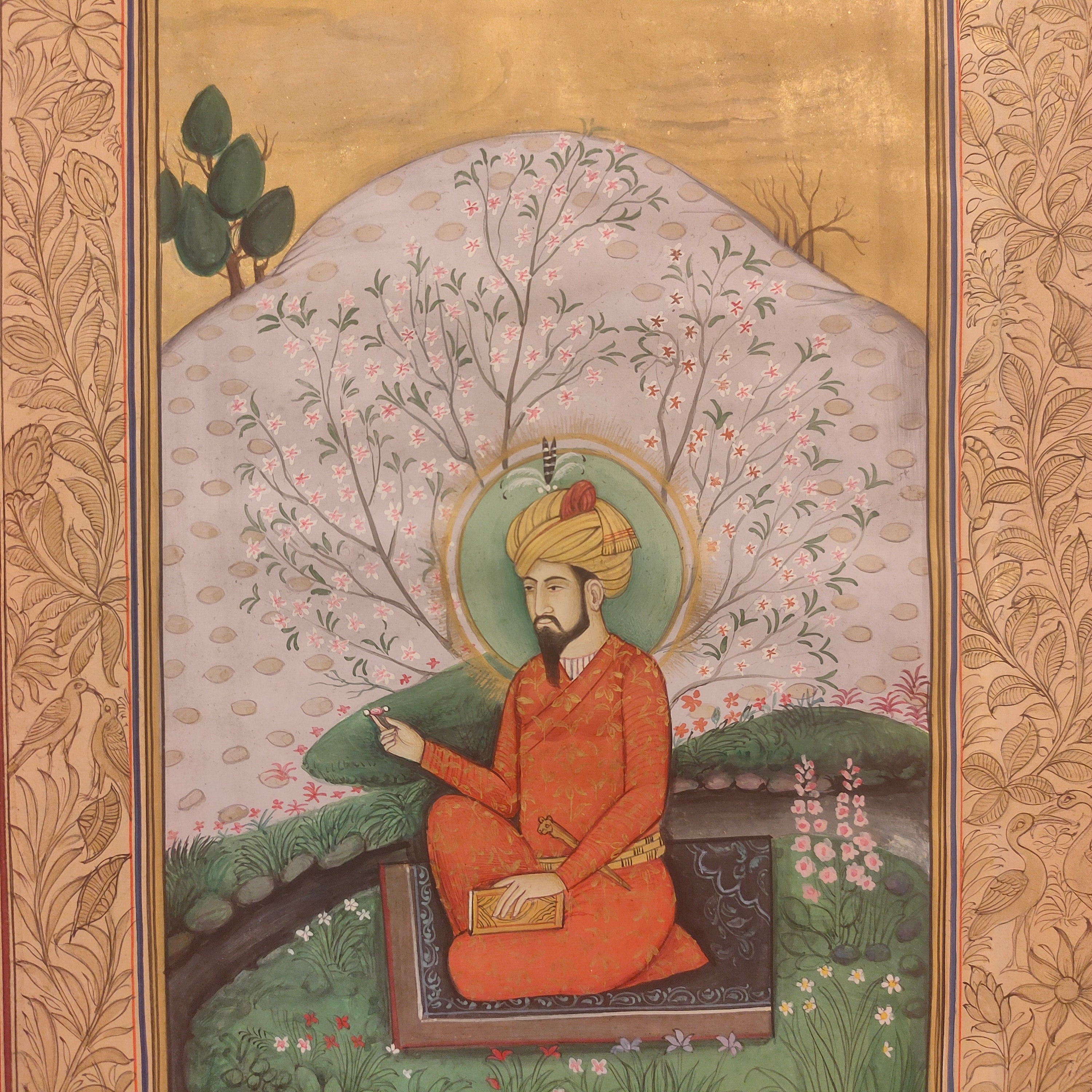 ムガル帝国の王バーブルの肖像画、インドの細密画、ラージャスターン