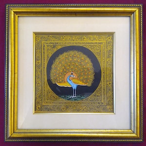 Indian Hand Painted Golden Peacock Miniature Painting Framed Silk cloth Rare Delicate Painting For Bedroom Living Room beautiful Home decor