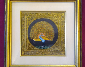 Indian Hand Painted Golden Peacock Miniature Painting Framed Silk cloth Rare Delicate Painting For Bedroom Living Room beautiful Home decor