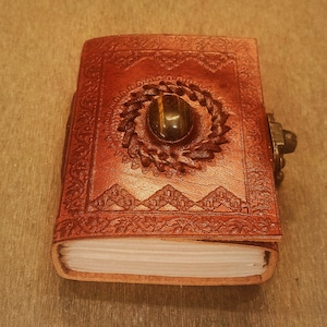 Handcrafted Embossed Stoned Leather Journal With Lock  -  Recycled Unlined Paper Notebook - Semi Precious Stone Refillable Diary With Lock