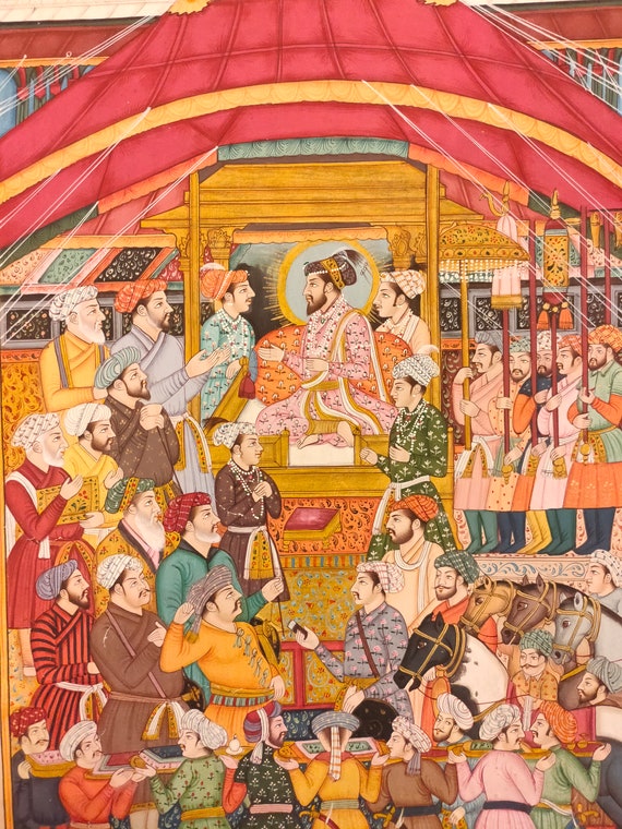 インド宮廷絵画 INDIAN COURT MINIATURE PAINTING Mughal Court Scene Miniature Painting, Udaipur Art on Old Paper - Etsy