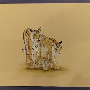 Coppia di tigri dipinte a mano, pittura in miniatura tradizionale indiana originale - Indian Wildlife Ranthambore, intricata opera d'arte del Rajasthan su carta