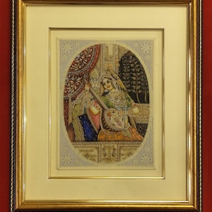 Handmade Indian Queen Ragini Finest Framed Rajasthani Miniature Painting - Original Art Work Home Decor - Mughal Queen Bedroom Decor Art