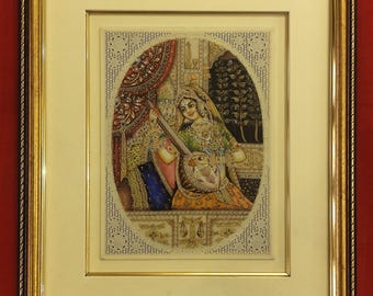 アンティーク◆ムガル帝国の細密画＊印Miniature Old Painting ムガル帝国皇帝の細密画：インドのハーレム芸術、音楽、舞踏（13x8