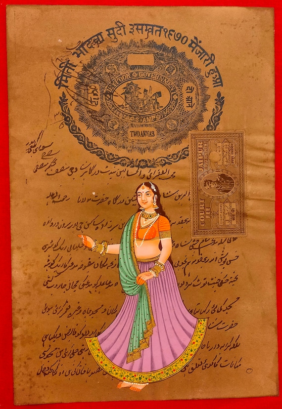 Royal Maharani Miniature Painting: Mughal Queen Art on Old Stamp