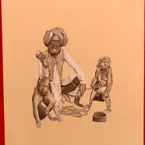 Hand Painted Old Men Indian Madaari Monkey Game, Indian Miniature Painting, Traditional Artwork on Paper, Old India Occuption