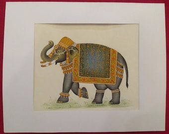 アンティーク紙に描かれた手作りのインドゾウのミニチュア絵画：野生の