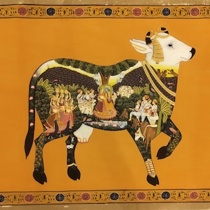 Handmade Indian Holy Cow Finest Pichwai Indian Intricate Miniature Painting - Large 24 by 36 Inches Krishna Art Work - Home Decor Royal Art