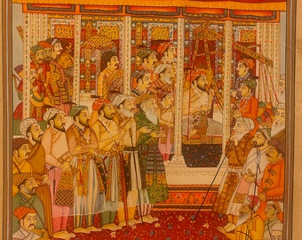 Mughal Court Scene Miniature Painting, Udaipur Art on Old Paper