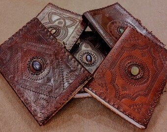 Large Handcrafted Embossed Locked Stoned Leather Journal , A4 Size Writing Notebook ,Travel Diary , Recycled Refillable Paper ,Gifts for Her