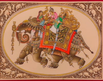 Hand Painted Royal Elephant Rider Fine Mughal Miniature Painting Carved Syn Ivory Plate Indian Home Wall Decor Rajasthani Udaipur Jaipur Art