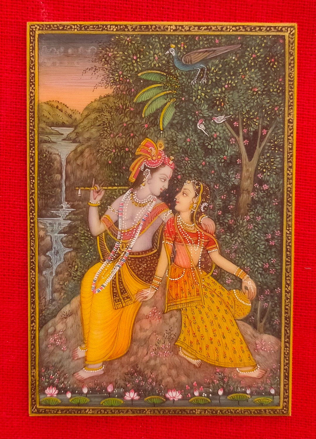 手描きのクリシュナ・ラダ細密画: ウダイプール・ラージャスターン