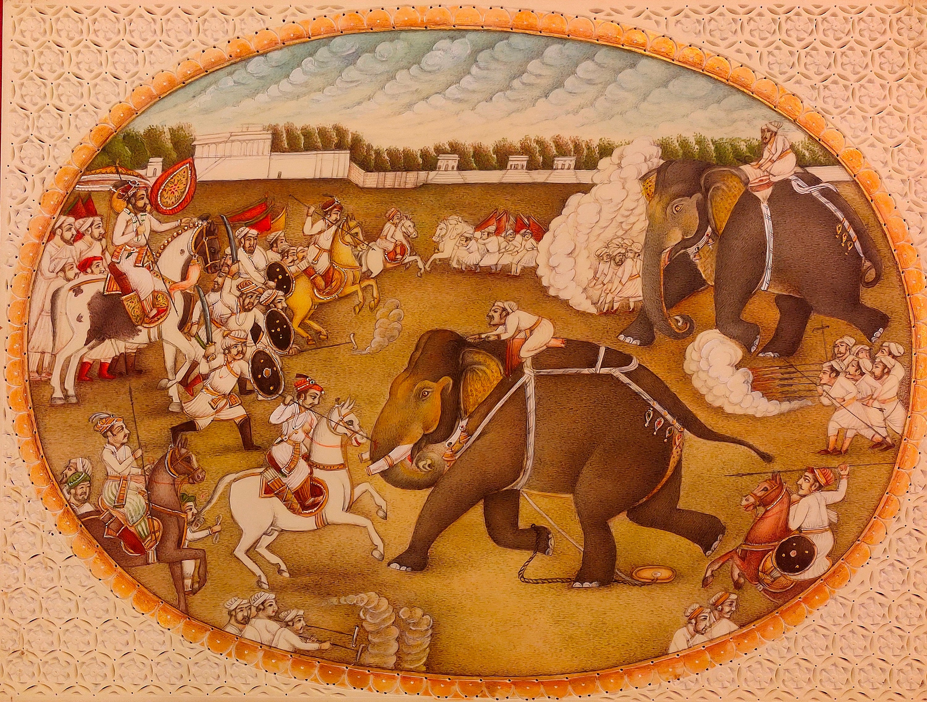 手作りのムガル帝国細密画：象とアウラングゼーブの戦いの場面 - Etsy 日本