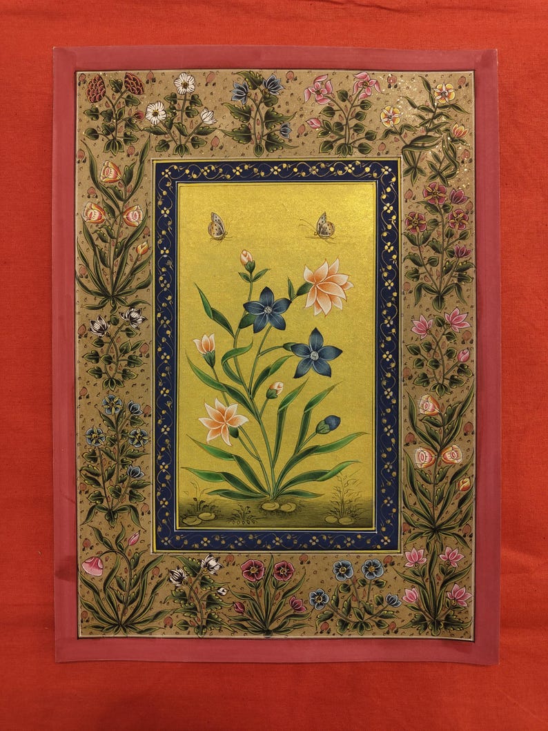 Handmade Indian Flower Painting With Border Original Miniature Painting