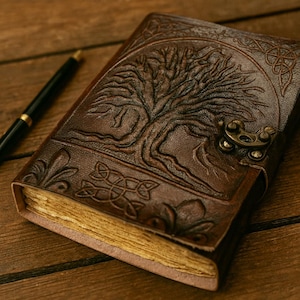 Handmade Leather Journal: Tree of Life Embossed, Locked A5 Notepad