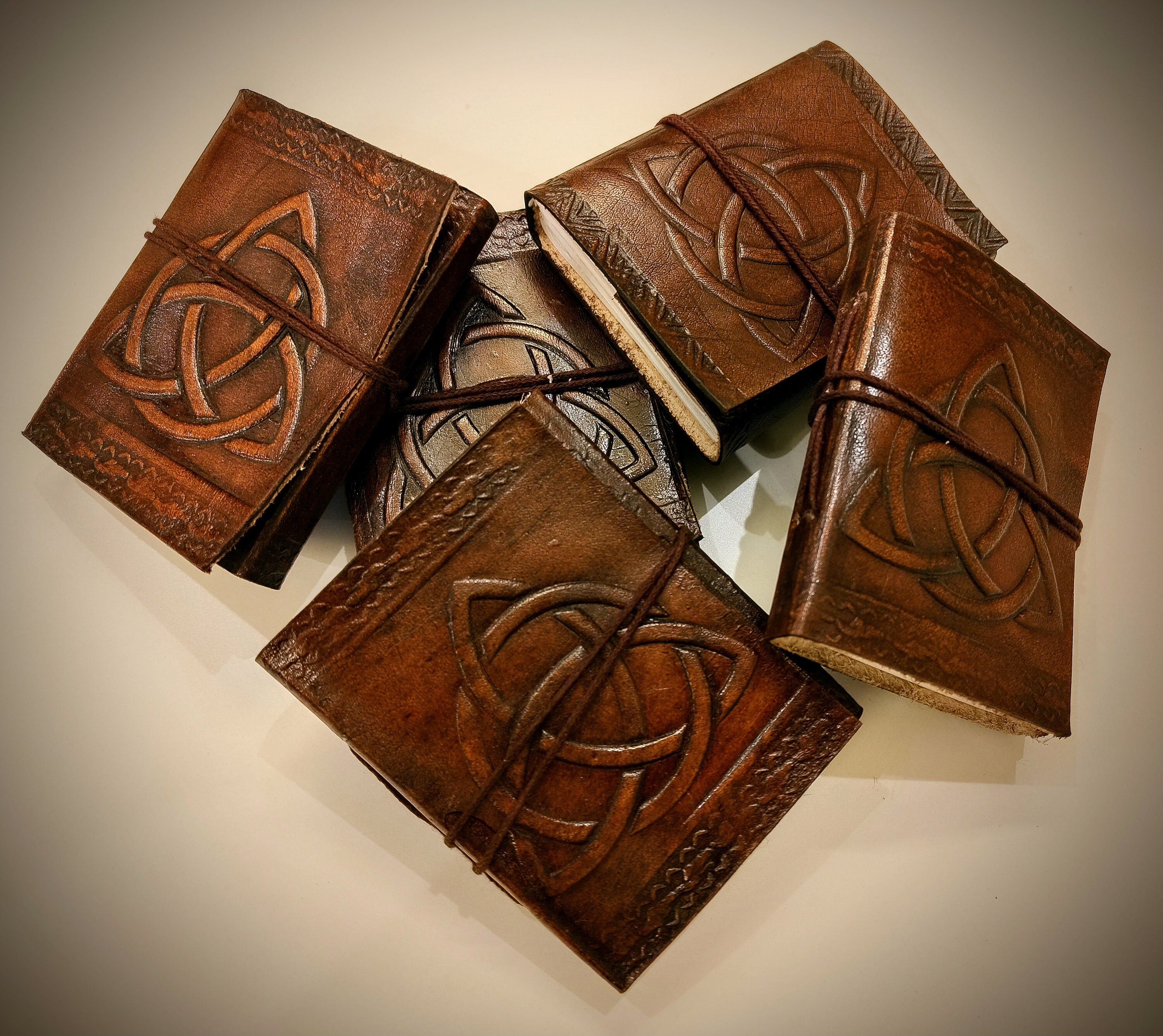 Pack of 5 Handcrafted Celtic Trinity Knot Embossed Leather Bound Pocket Journal - Handmade Refillable Mini Notepad - Gifts for Him / Her