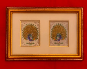 Exquisite Hand Painted Golden Peacock Finest Indian Framed Miniature Painting , Original Rajasthani Wall Decor Intricate Pahari Art Work