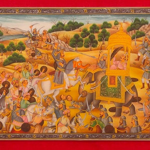 Mughal Battle of Haldi Ghati Rare Indian Miniature Painting , Synthetic Ivory Finest Royal Art Work , Hand Painted Battle Scene Wall Decor