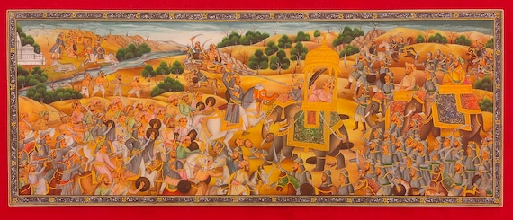 Haldi Ghati Battle Scene, Indian Miniature Painting, Royal Art on