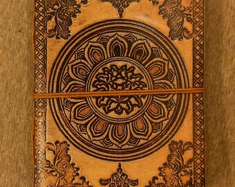 Chakra Embossed Brown Handmade Leather Bound Journal - 5 by 7 Inches Refillable Travel Notepad - Gifts for Him / Her - 200 Page Notebook