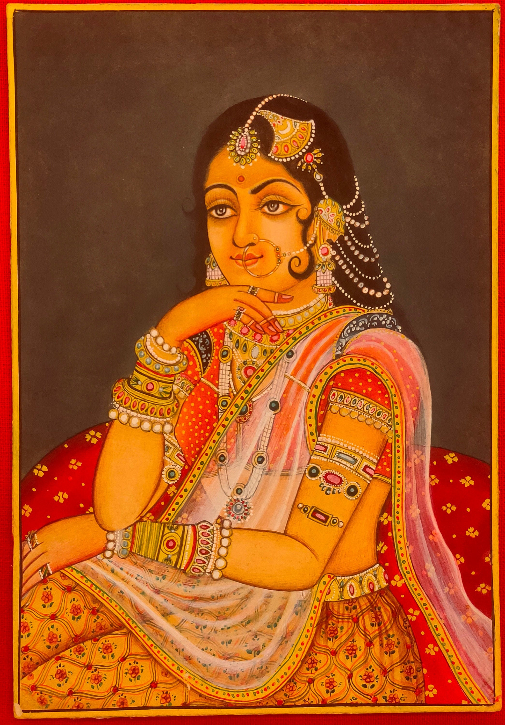 手描きのインド女性の肖像画マハラニ女王、紙に描かれた精巧な芸術作品