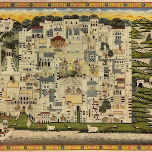 "Extra Große Shreenath ji ki Haveli Nathdwara Tempel Map Finest Pichwai Gemälde - Rajasthani handgefertigtes Kunstwerk auf Stoff - indisches Wohndekor."