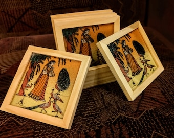 Posavasos de madera hechos a mano con incrustaciones de vidrio de Rajastán, decoración del hogar