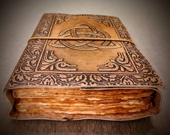 Handcrafted Celtic Trinity Knot Embossed Custom Stitched Leather Journal - 200 Refillable Vintage Deckle Edge Pages - Mother&#39;s day Gift