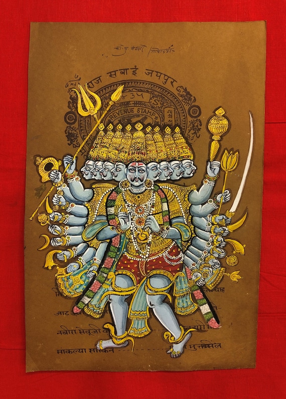 手作りのラーヴァナ細密画：古い切手用紙に描かれたインドの神様の絵