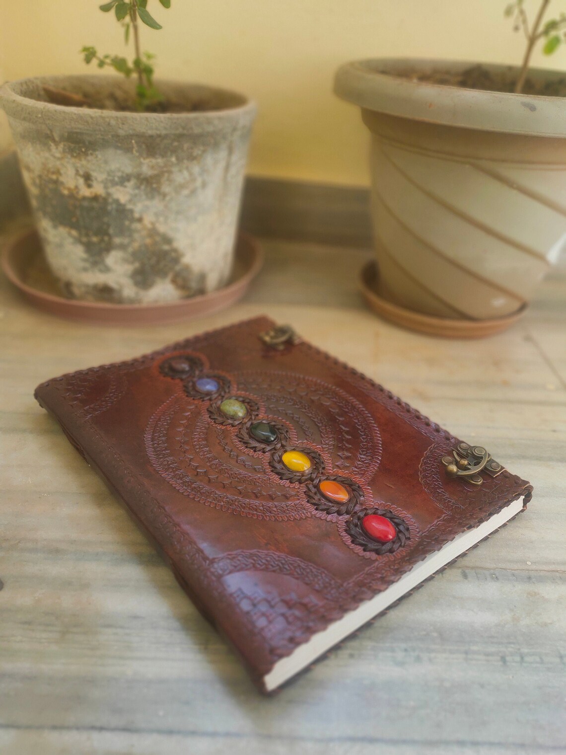 Embossed Large Leather Journal 7 Stone Diary With Lock Hand Etsy