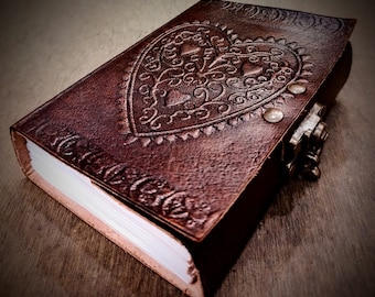 Love Heart Embossed Vintage Handmade Locked Leather Bound Thick Journal - 200 Page Refillable Travel Diary - Retro Unisex Writing Notebook