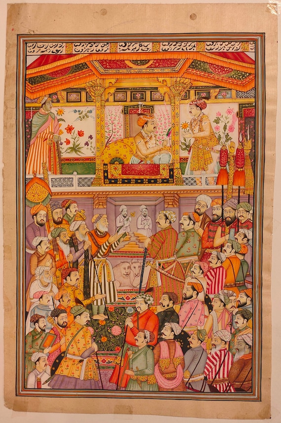 インド宮廷絵画 INDIAN COURT MINIATURE PAINTING Mughal Court Scene Miniature Painting: Indian Dynasty Art on Old