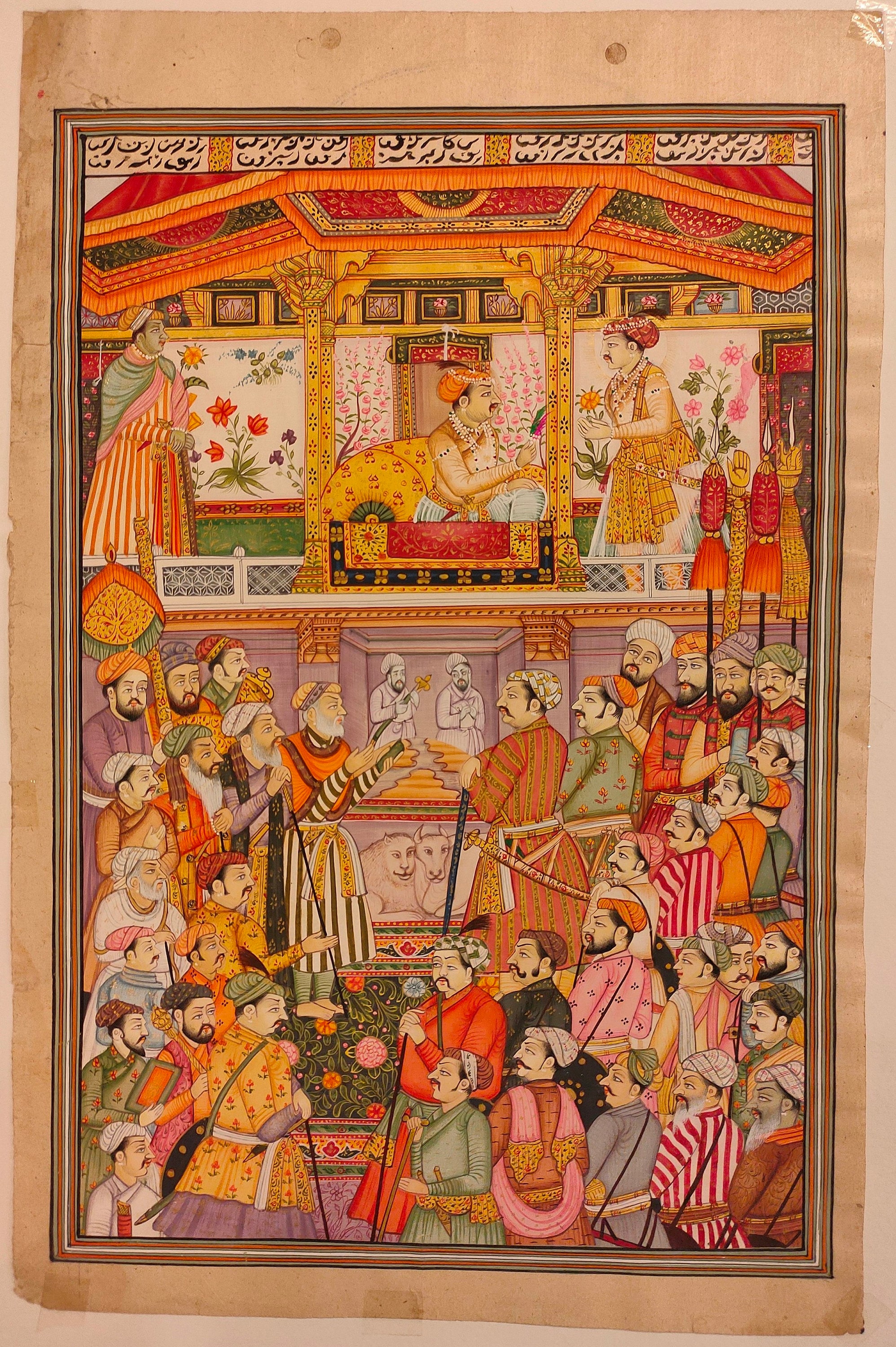 インド宮廷絵画 INDIAN COURT MINIATURE PAINTING Mughal Court Scene Miniature Painting: Indian Dynasty Art on Old
