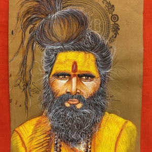 Indian Sadhu Finest Original Intricate Miniature Painting on Paper , Wall Decor Rajasthani Art Work , Antique Fine Handmade Art on Old Stamp