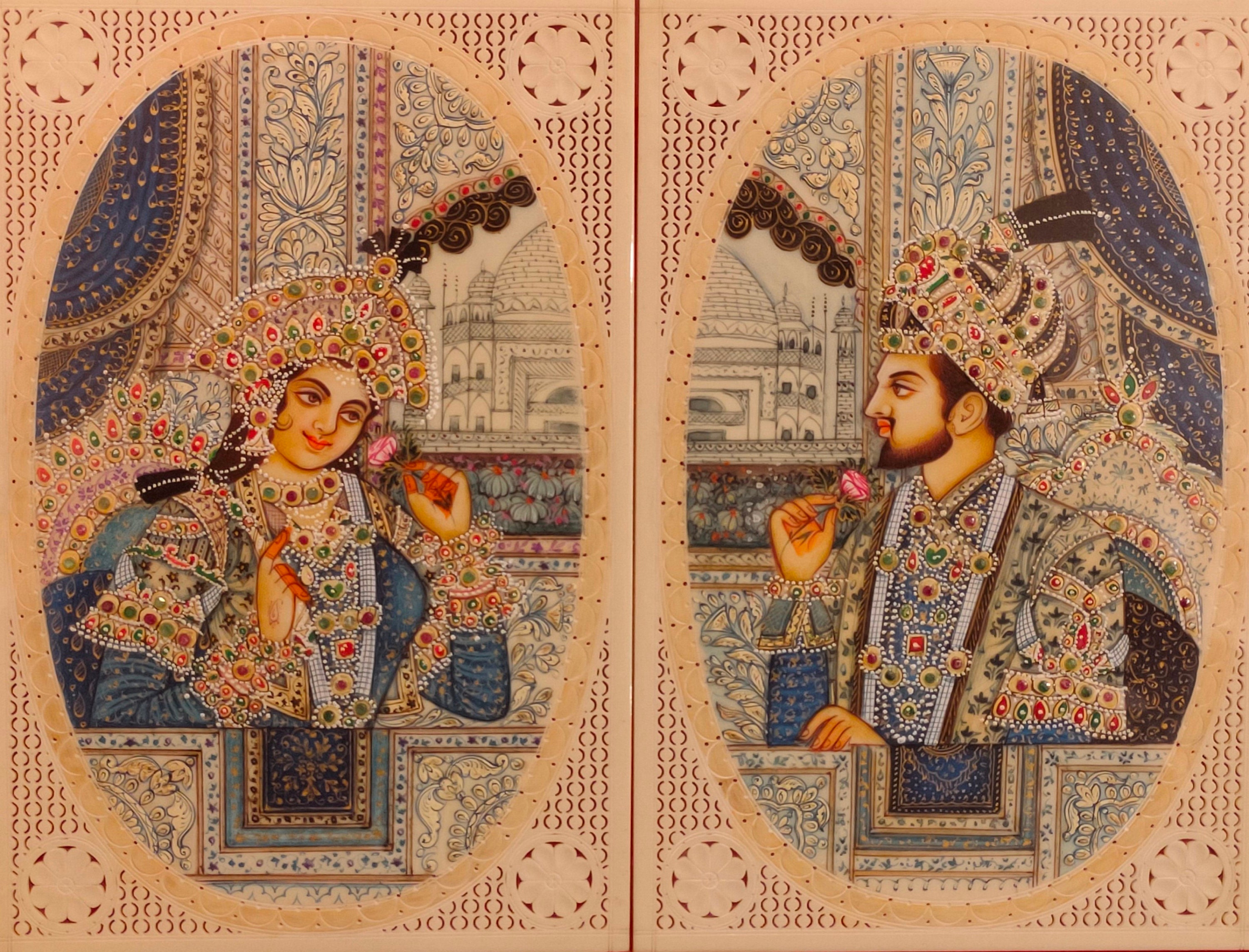 ムガル帝国の細密画：シャー・ジャハーンとムムターズ、インドの室内