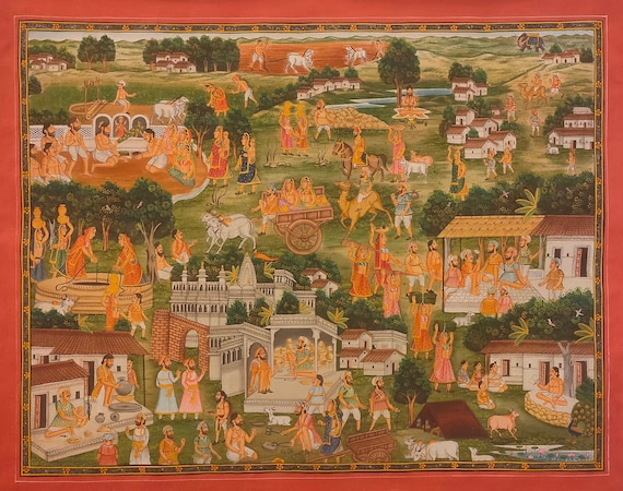Indian Village Scene Fine Rural Art Miniature Painting , Rajasthani Udaipur  Intricate Wall Hanging , Hand Painted Exquisite Natural Art Work 
