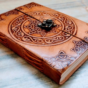 Chakra Embossed Leather Bound Handmade Journal With Lock, Leather Diary With Lock, Unlined Notebook Medium Size 5 by 7 Locked Journal Gift