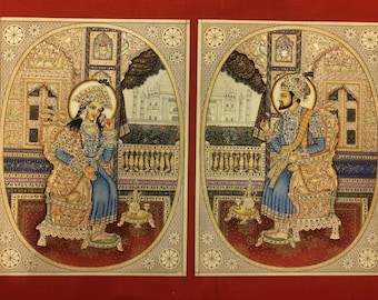 Shah Jahan Mumtaz Miniature Painting Set: Mughal Art, Stone Color, 9x12