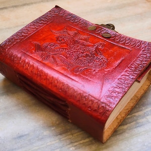 Handmade Dragon Embossed Brown Colour Refillable Leather Bound Journal, Custom Leather Notebook With Lock, Small Size Locked Blank Diary