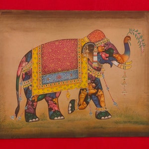 Raffinato dipinto a mano in miniatura indiana raffigurante un elefante, intricata e squisita opera d'arte raffigurante un elefante, decorazione da parete in stile Rajasthan di Udaipur.
