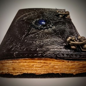 A5 Black Pentagram Star Embossed Blue Lapis Stone Embedded Vintage Journal - 200 Deckle Edge Recycled Refillable Pages - Gifts for Him / Her