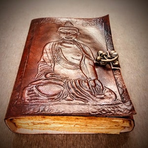 Buddha Embossed A5 Leather Journal - Locked Travel Diary - Unisex Writing Book - 200 Refillable Pages - Book of Shadows - Gift for Her / Him
