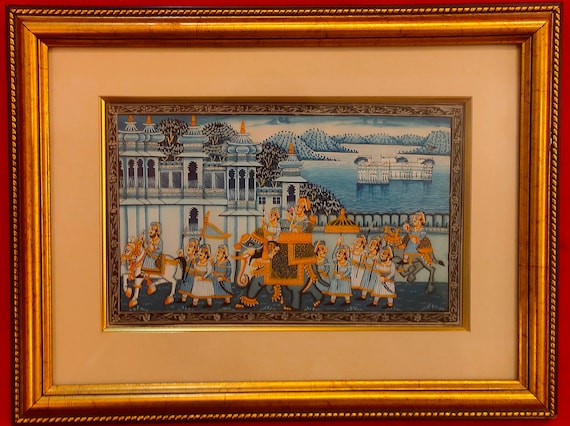 ○希少インド細密画 手描き 絵画 象と王族 （マハラジャ） マハラジャ