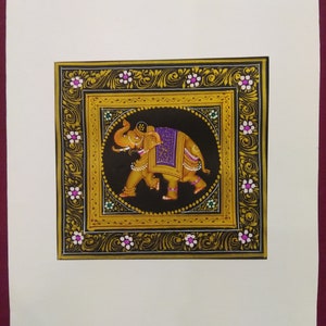 Conjunto de 4 pinturas em miniatura de seda indiana pintadas à mão, obras de arte, elefante, camelo, cavalo, pavão, decoração fina para casa, pintura do Rajastão, presente de Udaipur