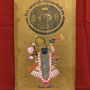 Dipinto a mano Lord Shreenath Ji Finest Pichwai Painting Old Vintage Stamp Paper - Krishna Fine Original Art Work - Retro Wall Decor Art Work