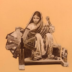 Vintage Painting, Indian Women Charkha Portrait Painting, Cloth Making Painting, Traditional Rajasthani Miniature Painting