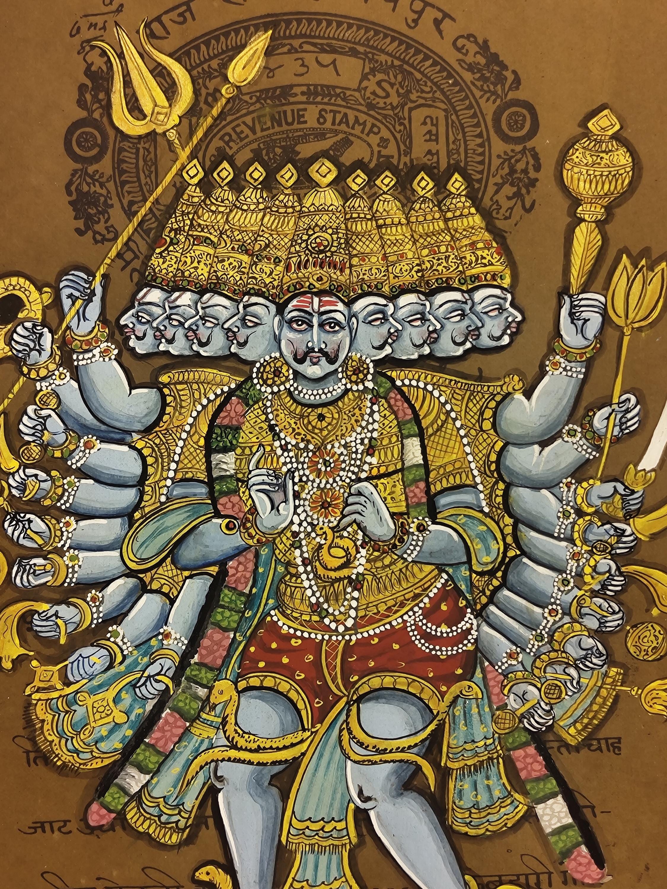 手作りのラーヴァナ細密画：古い切手用紙に描かれたインドの神様の絵